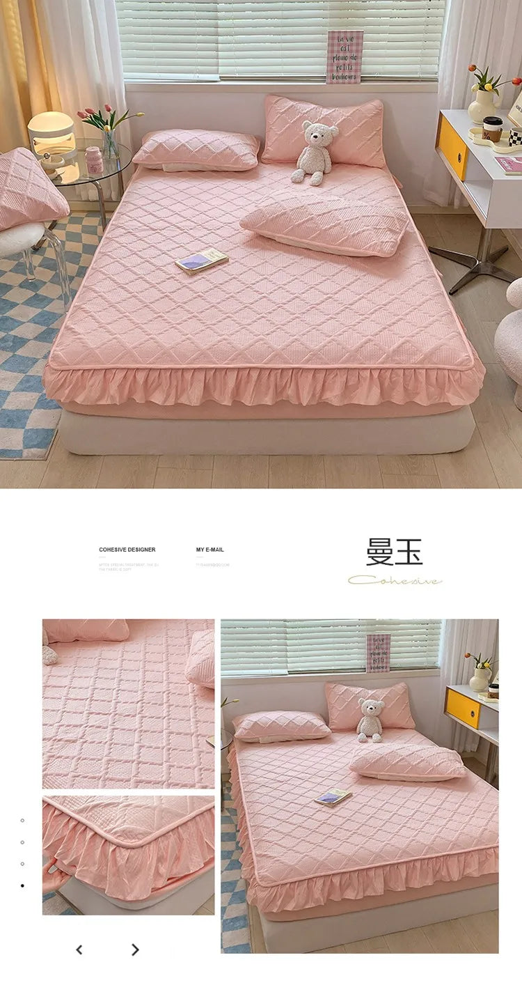 Super Nordic Thick and Warm Fitted Sheet with Elastic Bands & Princess Waterproof Bed Skirt – Pink Mattress Covers
