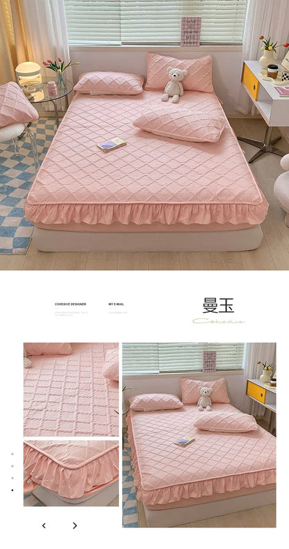Super Nordic Thick and Warm Fitted Sheet with Elastic Bands & Princess Waterproof Bed Skirt – Pink Mattress Covers