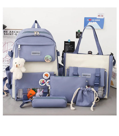 New Large-Capacity Student Backpack Set – 5-Piece Multi-Compartment School Bag for Primary, Junior & High School