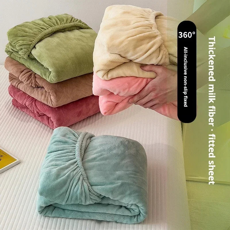 Soft Warm Plush Fitted Sheet – Elastic Mattress Cover Fluffy Coral Fleece Bed Linen for Winter, Luxury Double Bed Bedding