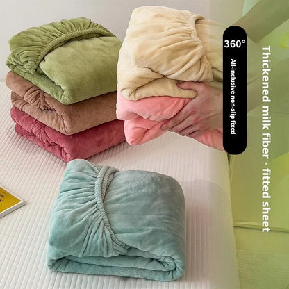Soft Warm Plush Fitted Sheet – Elastic Mattress Cover Fluffy Coral Fleece Bed Linen for Winter, Luxury Double Bed Bedding