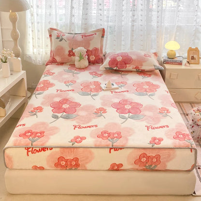 New Snowflake Velvet Fitted Sheet – Winter Warm Cartoon Print Bed Cover for Bedroom & Apartment
