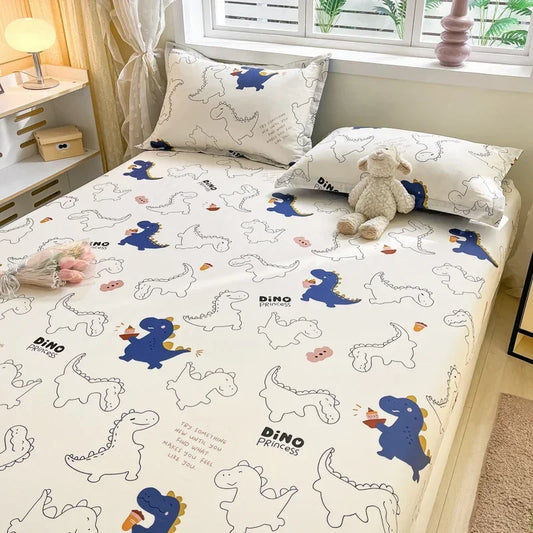 100% Cotton Bed Sheet | Cute Dinosaur Print | Elastic Fitted Mattress Cover | Kids Cartoon Bedding (No Pillowcase)