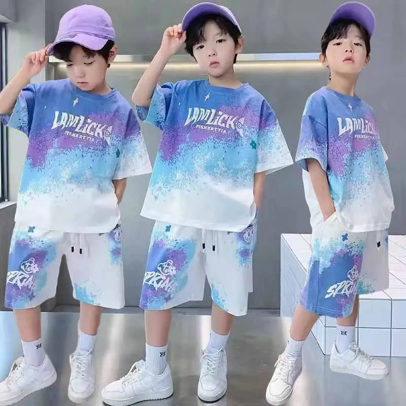 Boys Summer Casual Set – Gradient T-Shirt & Shorts 2Pcs Outfit for Teens & Kids