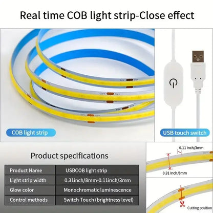 LED COB Light Strip with Touch Dimmer – USB Flexible Indoor Lighting for Room & Decor