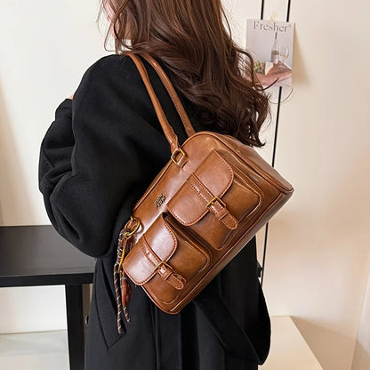 Women’s Retro Solid Color PU Leather Shoulder Bag – Large Capacity Multi-Pocket Handbag with Detachable Charm