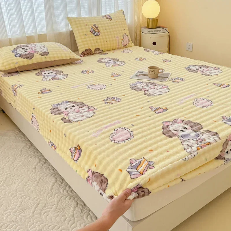 Fluffy Plush Cartoon Fleece Bed Sheet | Double Bed | Winter Warm