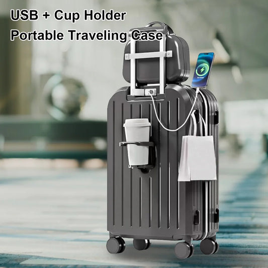 3PCS Suitcase Set – 12", 20", 24" Large Capacity Trolley Cases with USB Port, Cup Holder & Roller Lock for Travel & Business