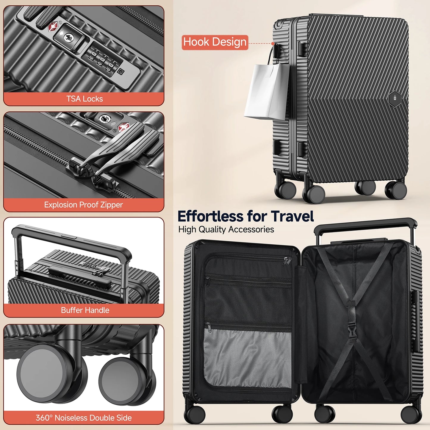 Lightweight 22" Carry-On Luggage – Hard Shell Suitcase with 360° Spinner Wheels, Airline-Approved & LSA Lock Dual Zippers