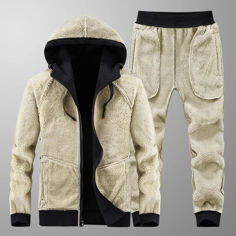 Men’s Winter Sportswear Set – Warm Fleece Tracksuit with Hoodie & Pants | Thermal 2-Piece Windproof Gym Outfit