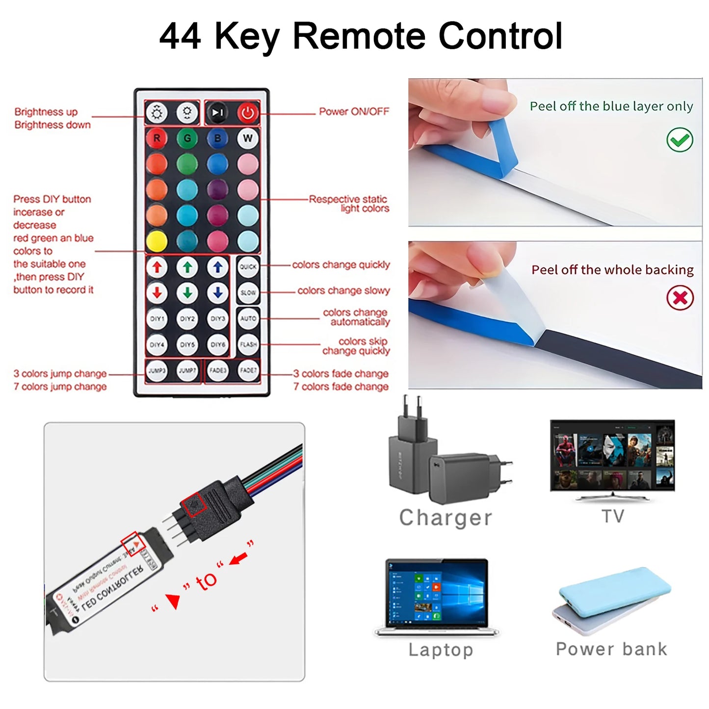 LED Strip Lights with 44-Key Remote – RGB Light Tape for Room, Home & Party Decor