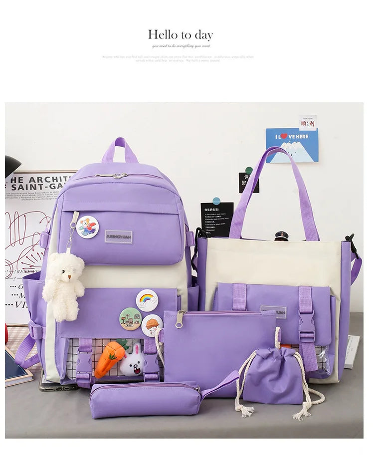 New Large-Capacity Student Backpack Set – 5-Piece Multi-Compartment School Bag for Primary, Junior & High School