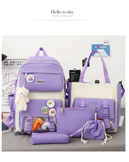 New Large-Capacity Student Backpack Set – 5-Piece Multi-Compartment School Bag for Primary, Junior & High School