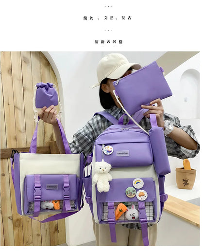 New Large-Capacity Student Backpack Set – 5-Piece Multi-Compartment School Bag for Primary, Junior & High School