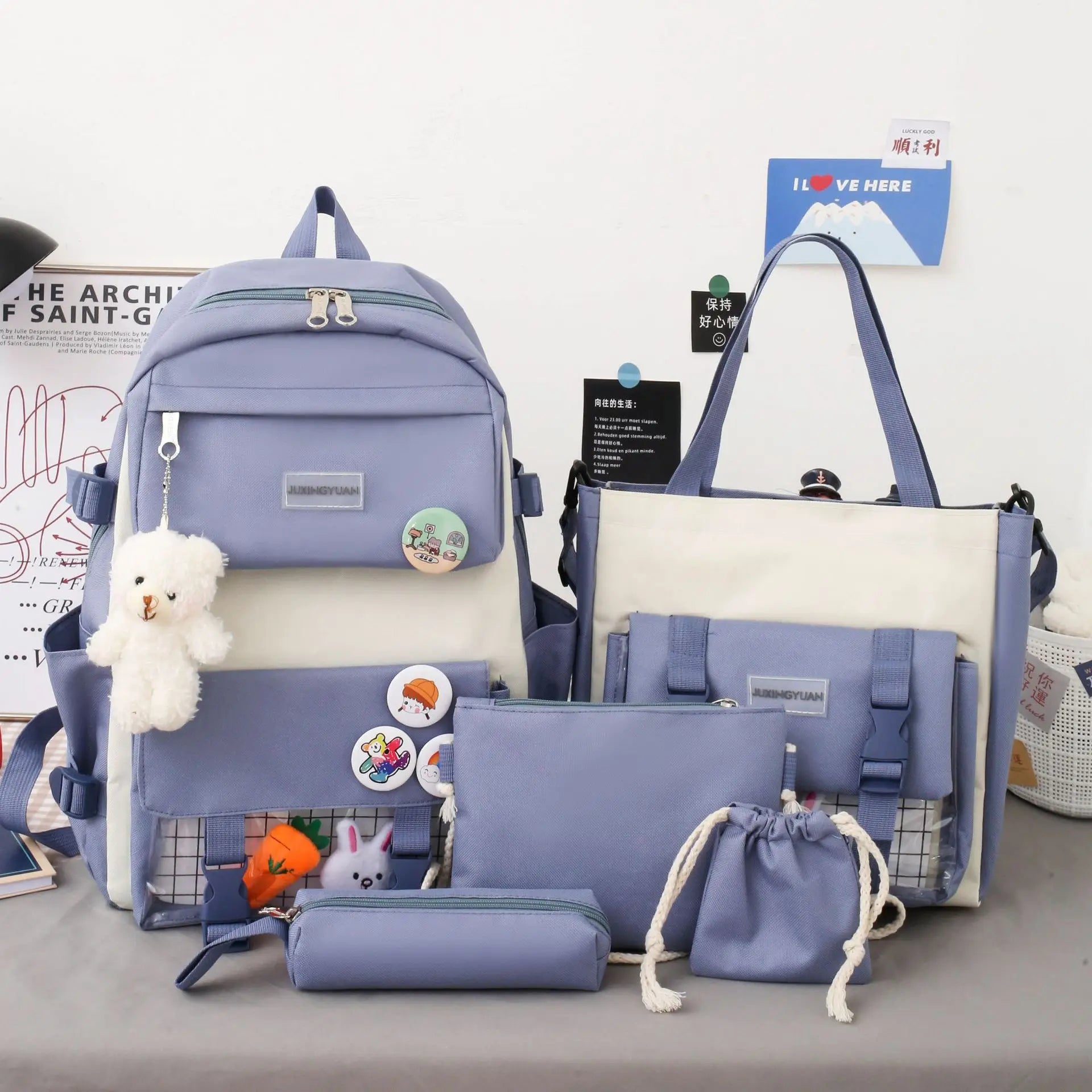 New Large-Capacity Student Backpack Set – 5-Piece Multi-Compartment School Bag for Primary, Junior & High School