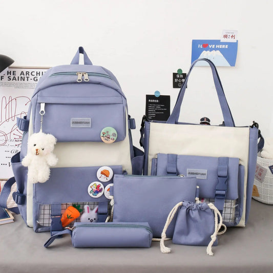 New Large-Capacity Student Backpack Set – 5-Piece Multi-Compartment School Bag for Primary, Junior & High School