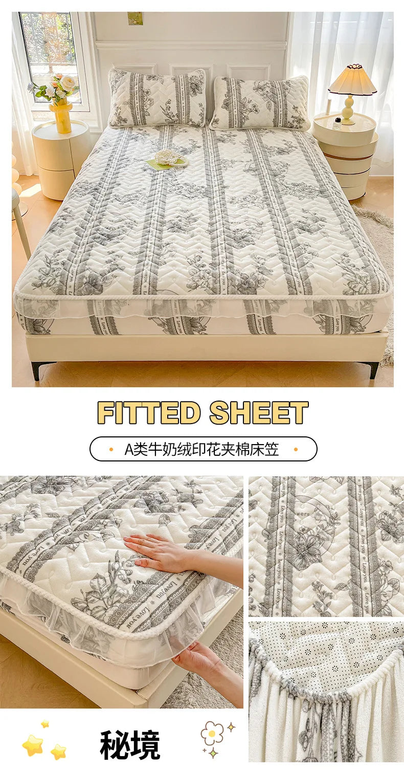 Fitted Sheet Winter Thickened Padded Three-Piece Set – Non-Slip Mattress Protective Cover