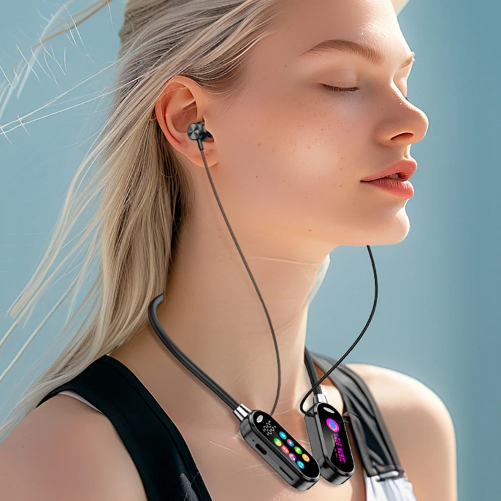 Color Screen Bluetooth 5.4 Neckband Earphones – Wireless HiFi Stereo Headphones with Noise Reduction & Mic for Xiaomi