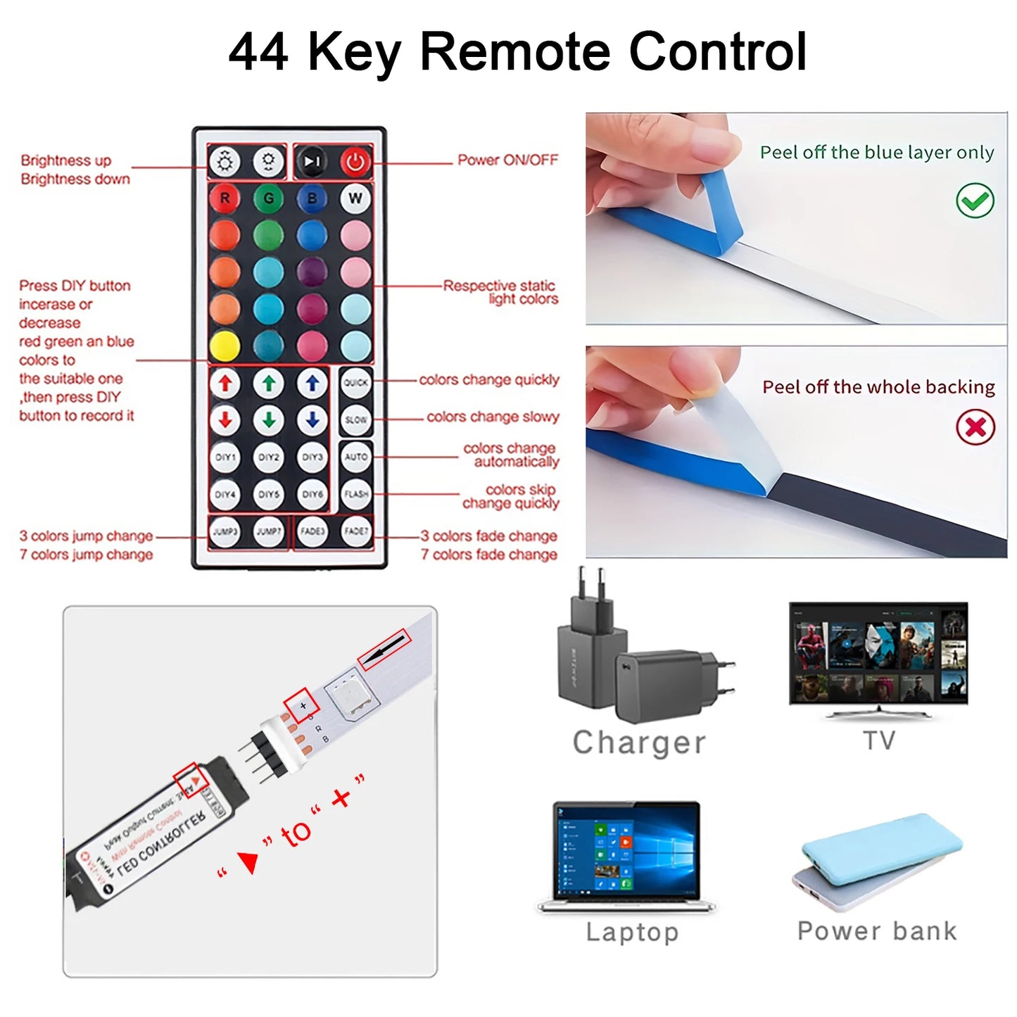 LED Strip Lights with 44-Key Remote – RGB Light Tape for Room, Home & Party Decor