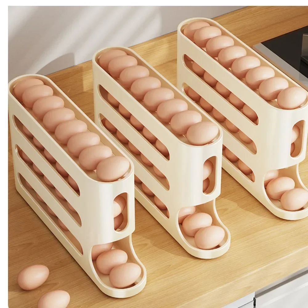 4 Layers Automatic Rolling Egg Holder – Fridge Egg Storage Box & Organizer