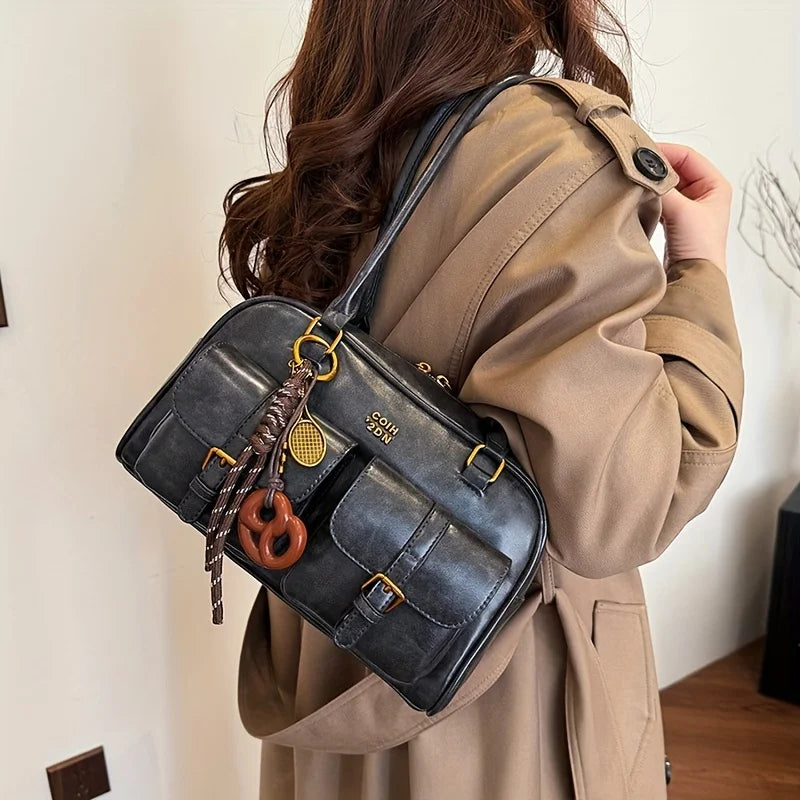 Women’s Retro Solid Color PU Leather Shoulder Bag – Large Capacity Multi-Pocket Handbag with Detachable Charm