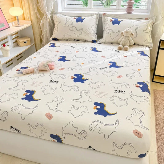 100% Cotton Bed Sheet | Cute Dinosaur Print | Elastic Fitted Mattress Cover | Kids Cartoon Bedding (No Pillowcase)