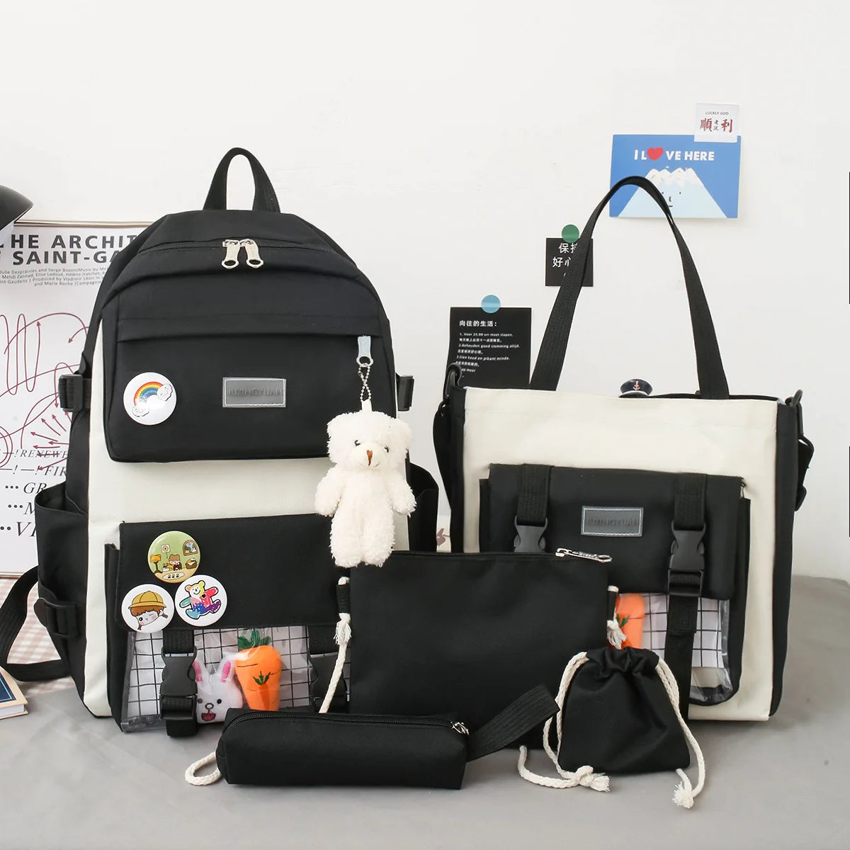 New Large-Capacity Student Backpack Set – 5-Piece Multi-Compartment School Bag for Primary, Junior & High School