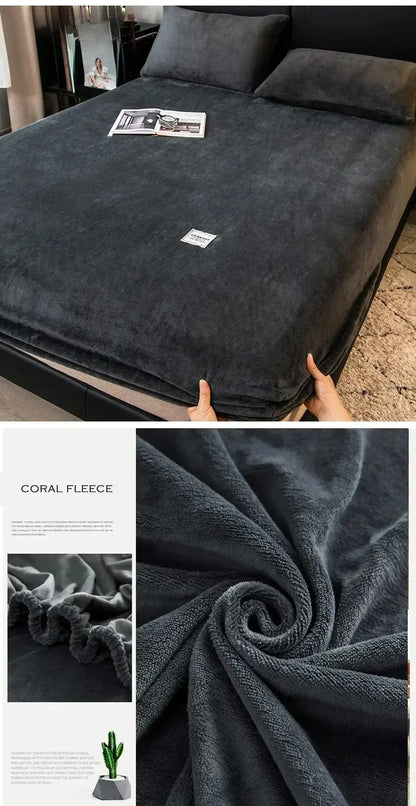 Soft Warm Plush Fitted Sheet – Elastic Mattress Cover Fluffy Coral Fleece Bed Linen for Winter, Luxury Double Bed Bedding