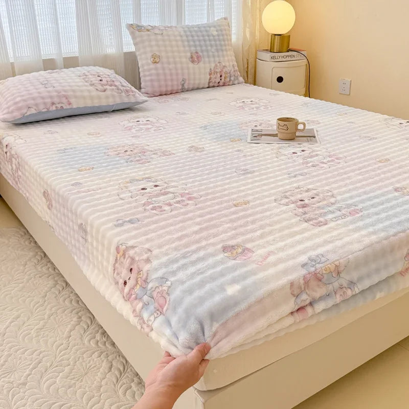 Fluffy Plush Cartoon Fleece Bed Sheet | Double Bed | Winter Warm