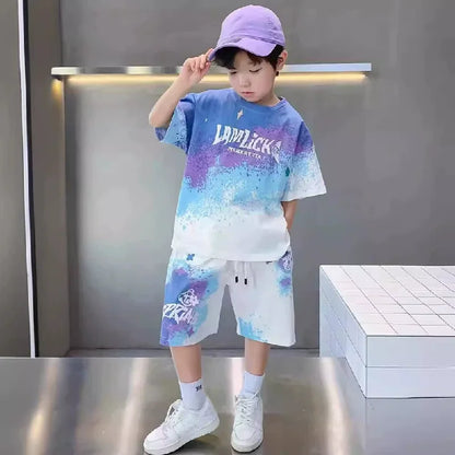 Boys Summer Casual Set – Gradient T-Shirt & Shorts 2Pcs Outfit for Teens & Kids