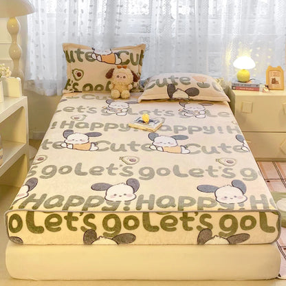 New Snowflake Velvet Fitted Sheet – Winter Warm Cartoon Print Bed Cover for Bedroom & Apartment
