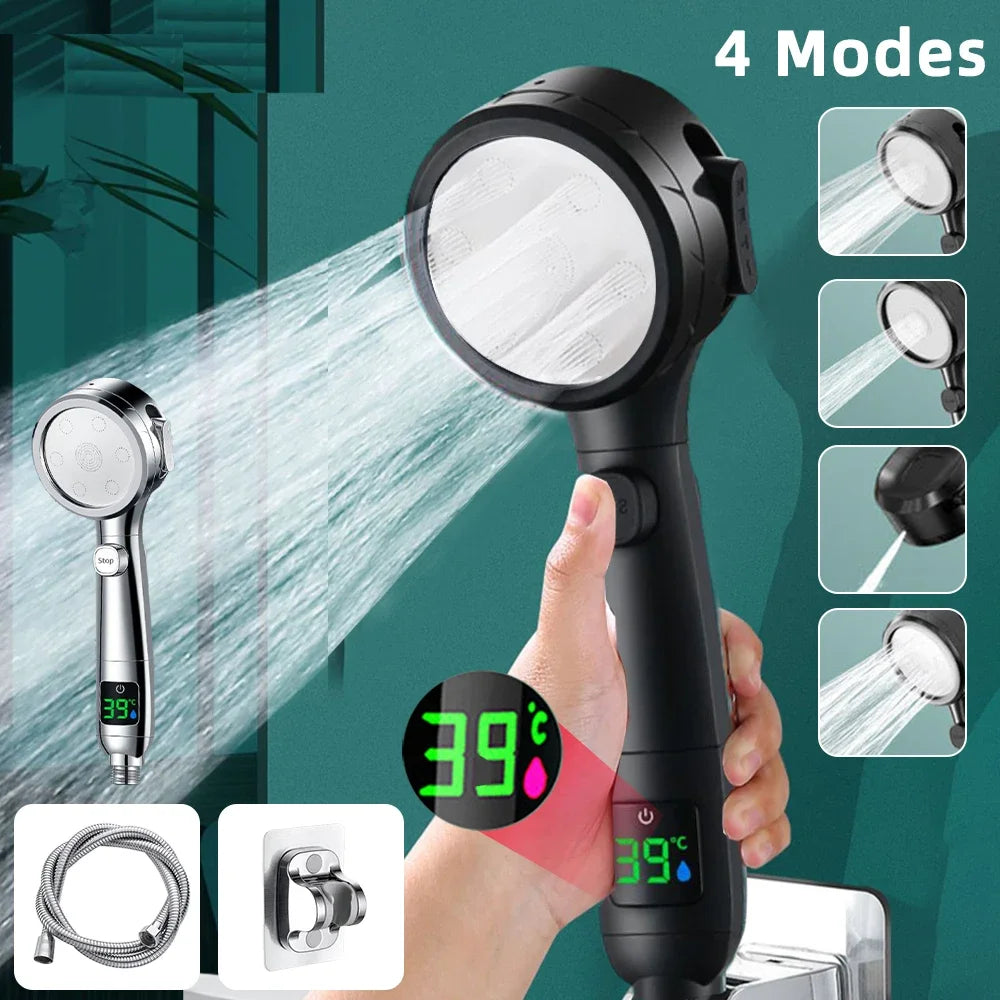 High Pressure Handheld LED Shower Head | Adjustable Water-Saving Showerhead with Digital Temperature Display & Pressurized Spray