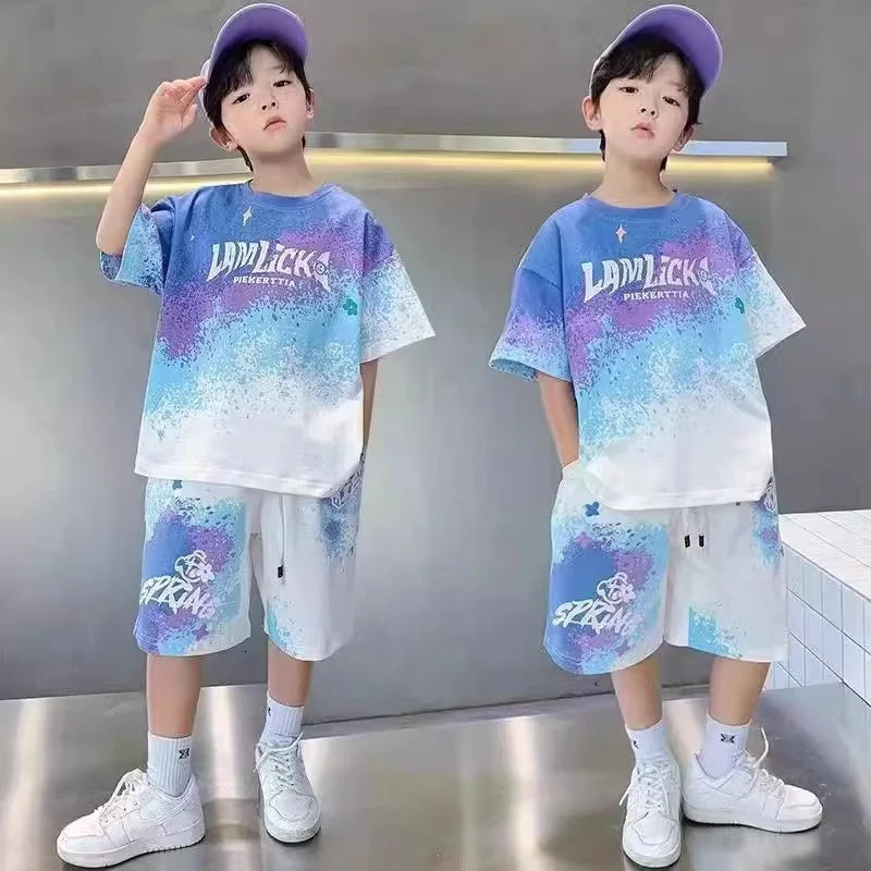 Boys Summer Casual Set – Gradient T-Shirt & Shorts 2Pcs Outfit for Teens & Kids