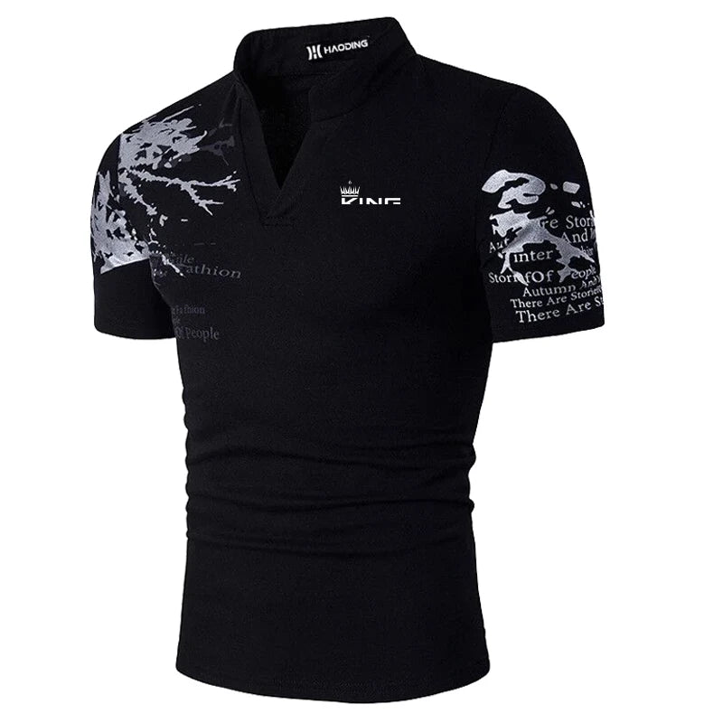 Men’s Polo Golf Shirt – V-Neck Graphic Print Short Sleeve Streetwear & Sports Fashion