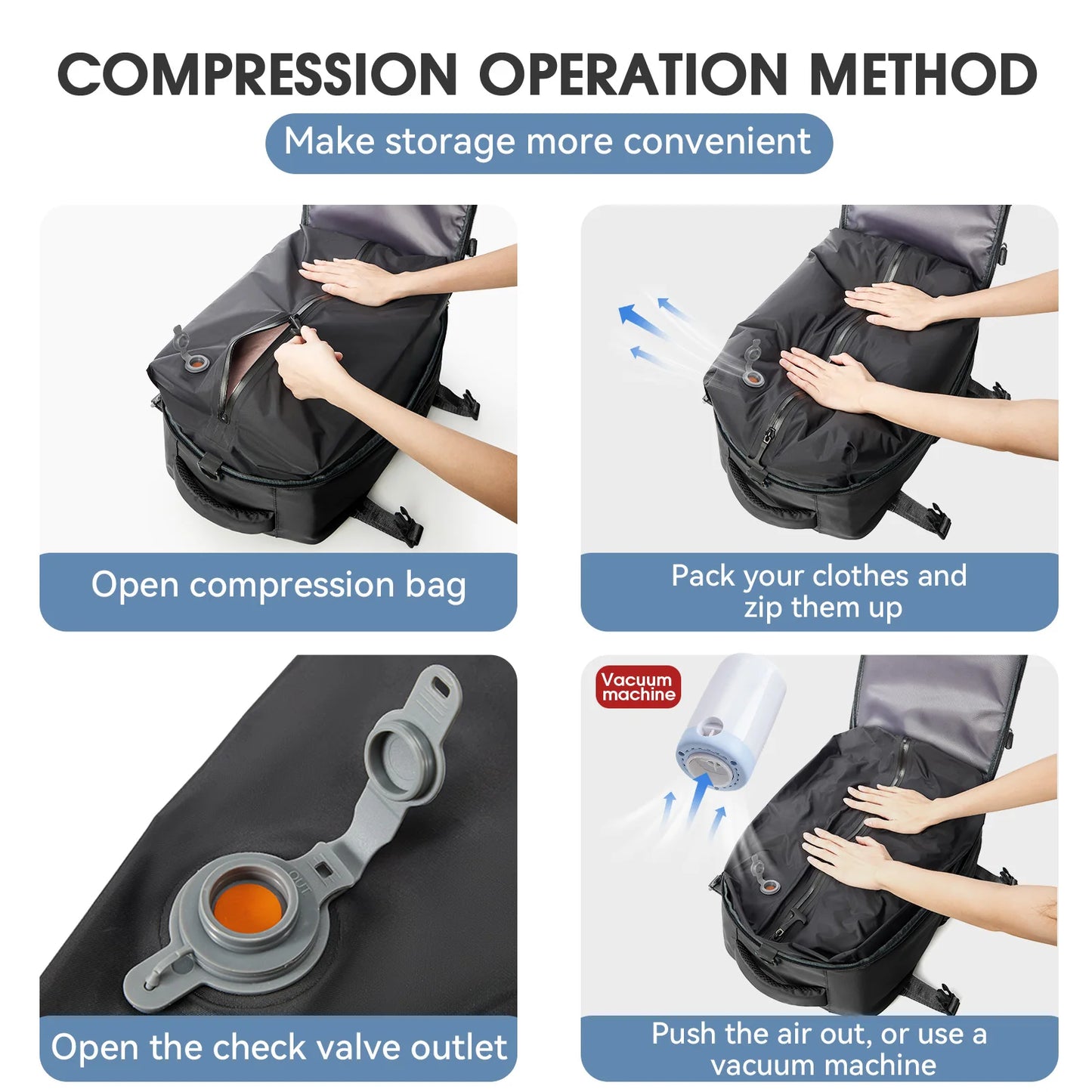 Vacuum Backpack Travel Bag – Large Capacity Expandable Business & School Laptop Backpack for Men & Women