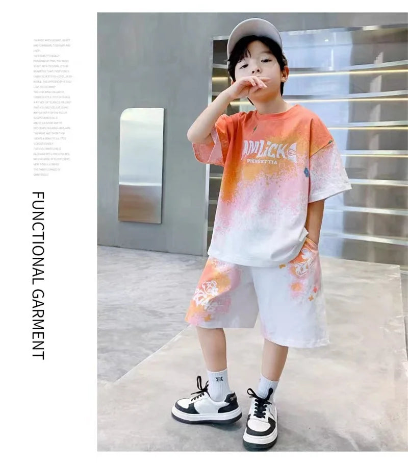 Boys Summer Casual Set – Gradient T-Shirt & Shorts 2Pcs Outfit for Teens & Kids