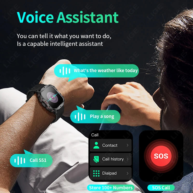 LIGE Outdoor Smart Watch Men – 2.01" Screen, Waterproof, Bluetooth Call & AI Voice for Android & iOS