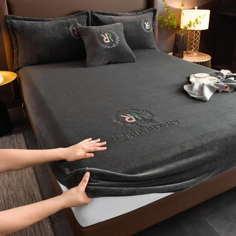 Winter Warm Solid Flannel Fitted Sheet | Elastic Band Mattress Protector | King Size 180x200cm | Milk Velvet Bed Sheet