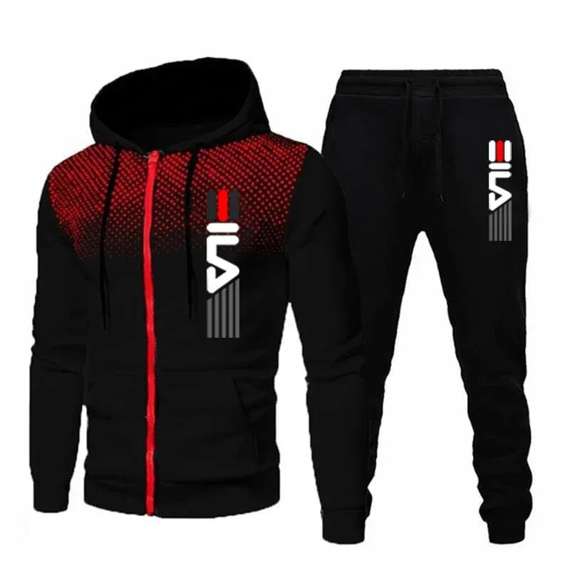 New Men’s Fashion Zipper Hoodie Set | Autumn & Winter 2-Piece Sportswear Printed Polka Dot Casual Hooded Sweatshirt