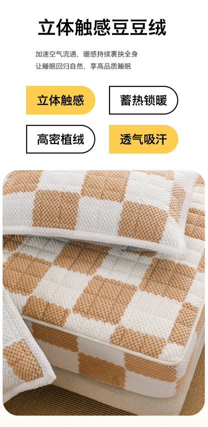 Winter Fleece Mattress Protective Cover | Thickened Milk Fleece Fitted Sheet | Padded Plaid 3-Piece Set