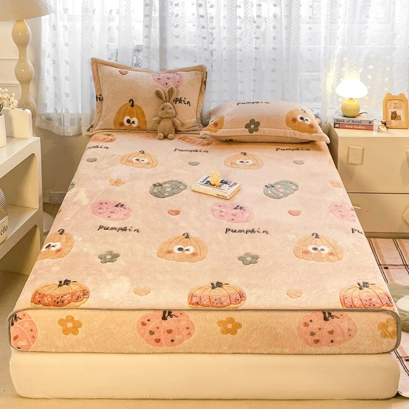 New Snowflake Velvet Fitted Sheet – Winter Warm Cartoon Print Bed Cover for Bedroom & Apartment