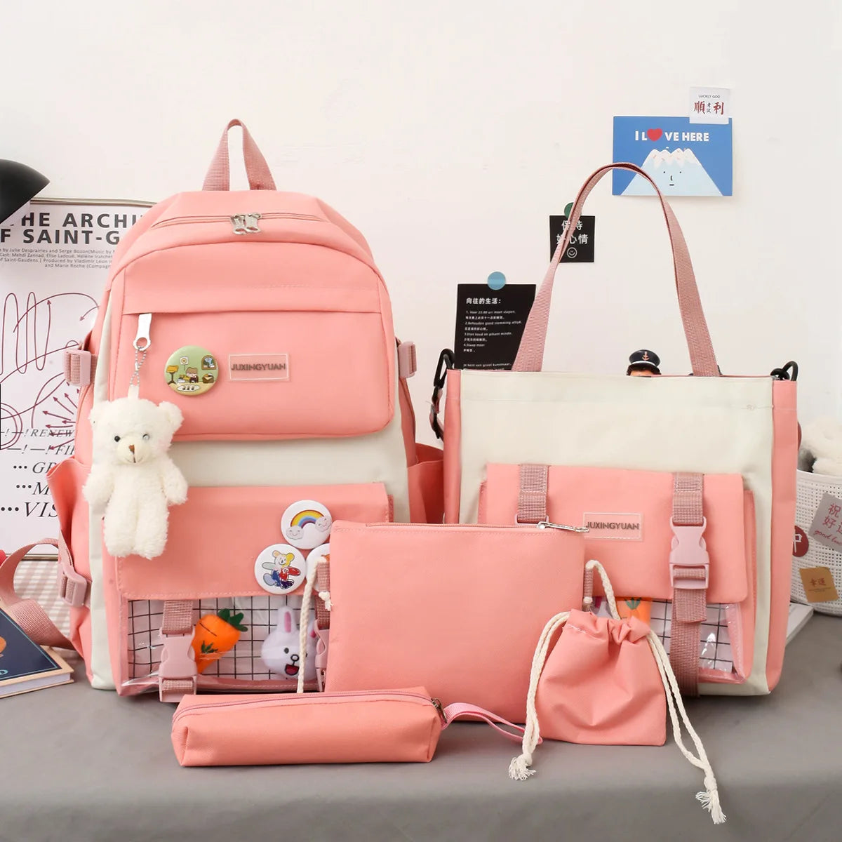 New Large-Capacity Student Backpack Set – 5-Piece Multi-Compartment School Bag for Primary, Junior & High School