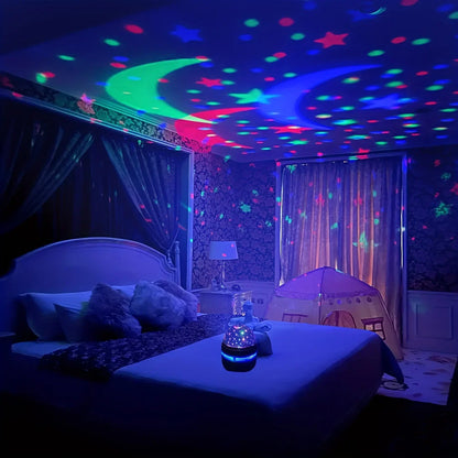 LED Starry Sky Projector – Rotating Night Light with Moon & Stars for Room Decor
