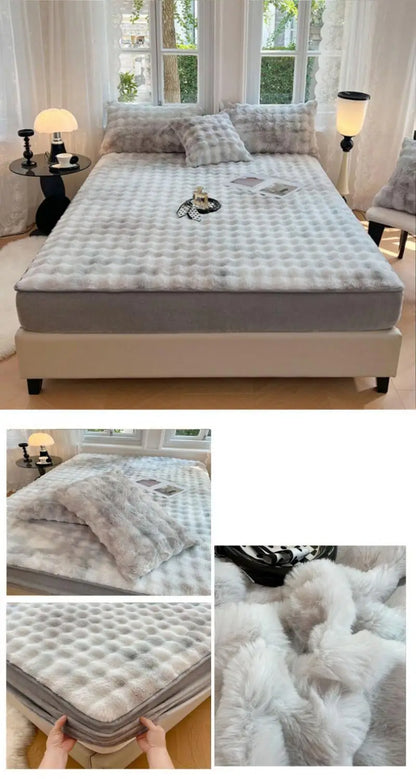 Rabbit Plush Fitted Sheet – Thick Coral Fleece Mattress Cover, Super Soft Warm Bedding for Autumn & Winter (Single Size)