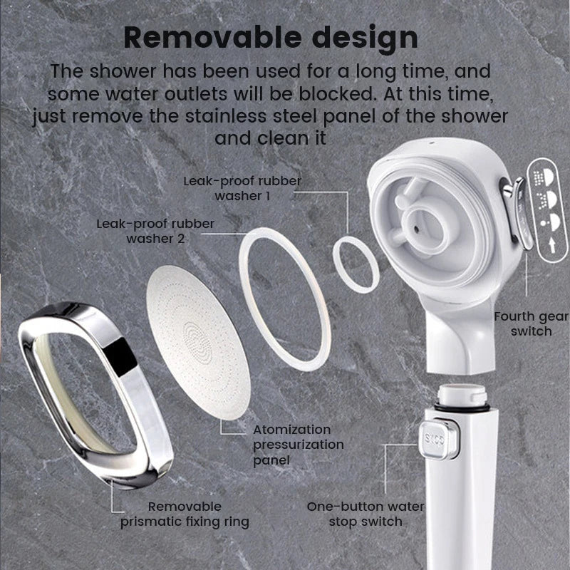 High Pressure 3-Mode Shower Head | Water Saving Adjustable Shower Head with One-Key Stop & Massage Spray