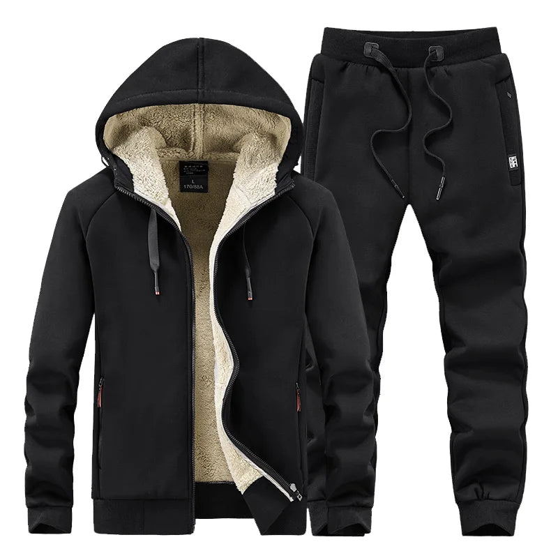 Men’s Winter Sportswear Set – Warm Fleece Tracksuit with Hoodie & Pants | Thermal 2-Piece Windproof Gym Outfit