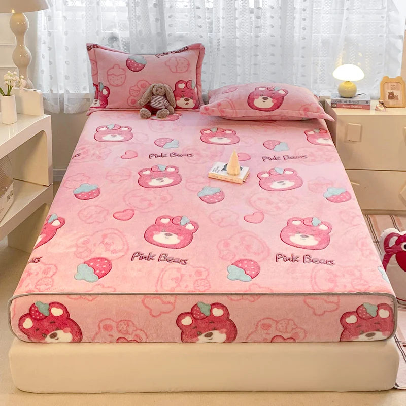 New Snowflake Velvet Fitted Sheet – Winter Warm Cartoon Print Bed Cover for Bedroom & Apartment