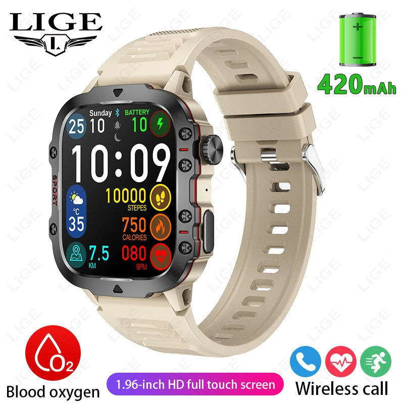 LIGE Outdoor Smart Watch Men – 2.01" Screen, Waterproof, Bluetooth Call & AI Voice for Android & iOS
