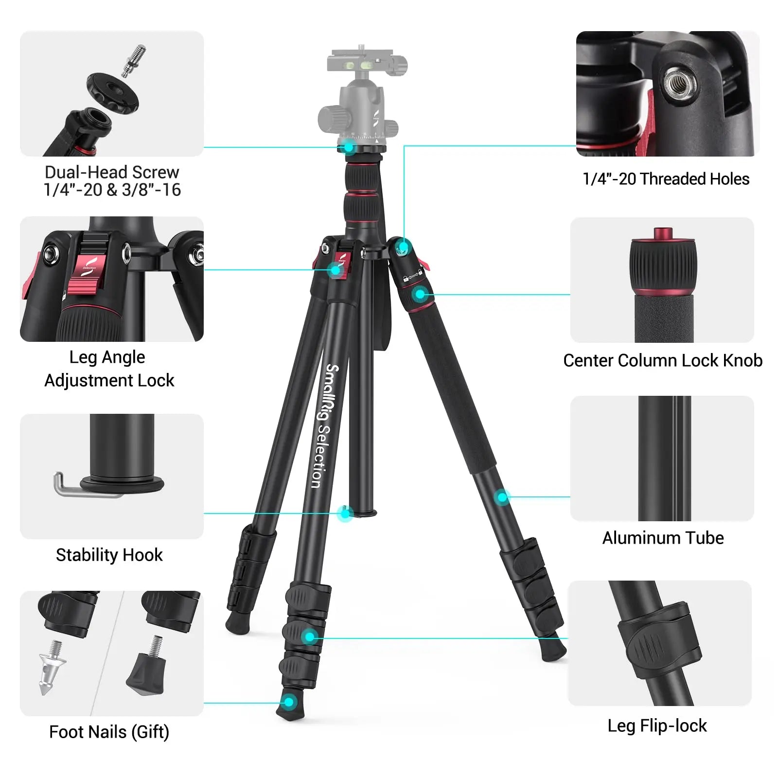 SmallRig T-10 Aluminum Tripod 3983 | Compact Lightweight Foldable Tripod for Camera & Smartphone | 15KG Load Capacity