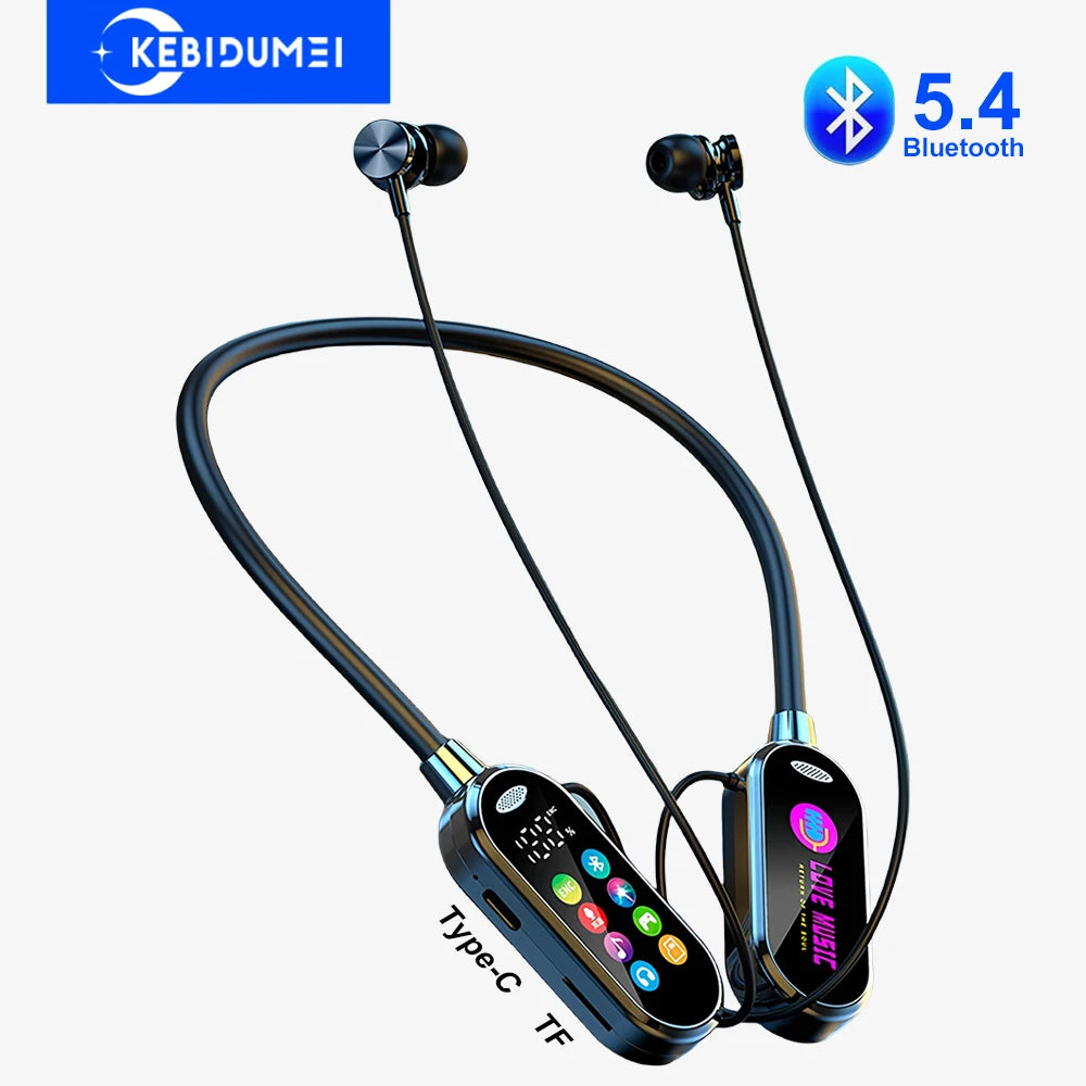 Color Screen Bluetooth 5.4 Neckband Earphones – Wireless HiFi Stereo Headphones with Noise Reduction & Mic for Xiaomi